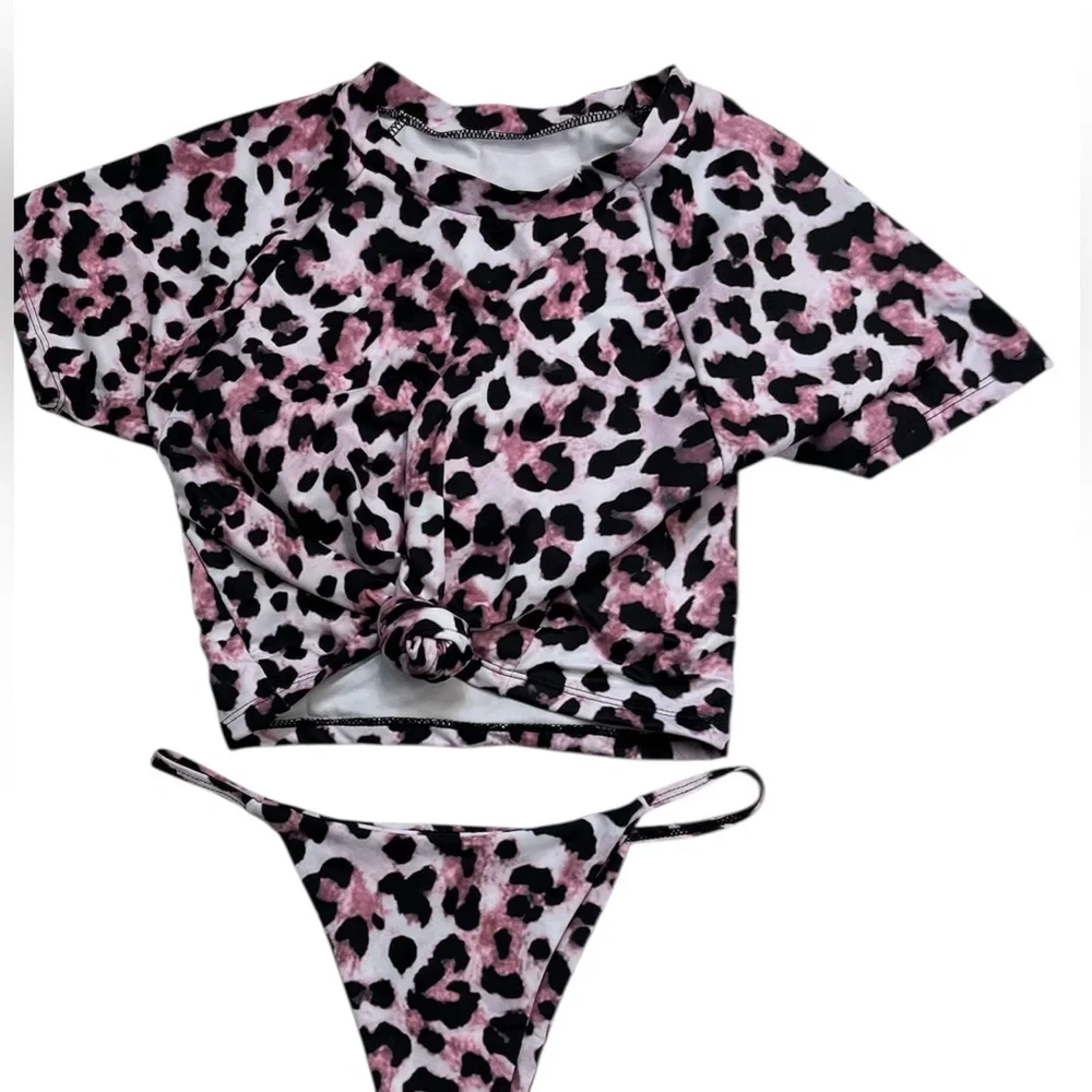 SHEIN Purple Animal Print Swim Set L 2 Pc Cropped Rash Guard Bathing Suit